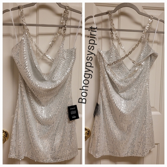 NWT Lulu's Silver Sequin Cowl Neck Mini Dress With Rhinestone Straps - Picture 13 of 16
